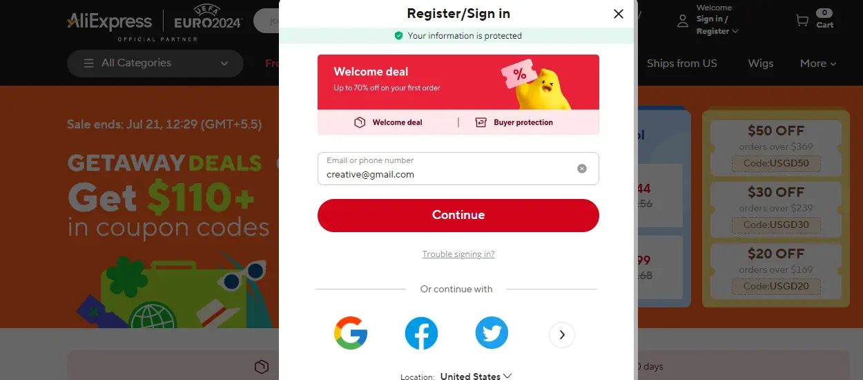 Register with any method on Aliexpress