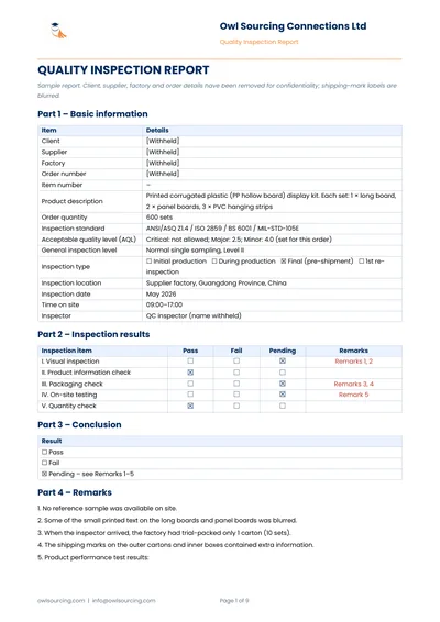 Page 1 of an anonymised Owl Sourcing quality inspection report